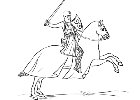 Armored Knight Mounted On Cloaked Horse Coloring Page